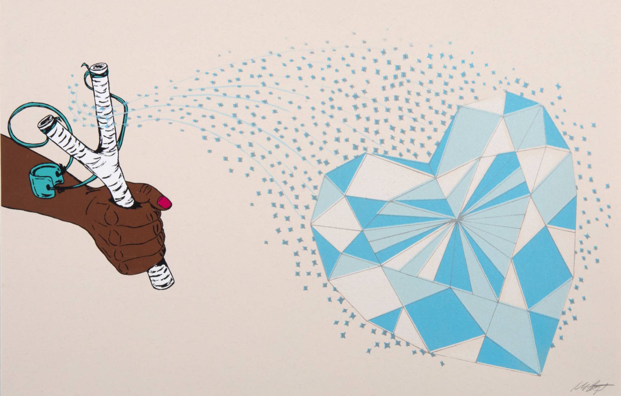 Print of a hand holding a wooden slingshot, shooting a diamond heart.